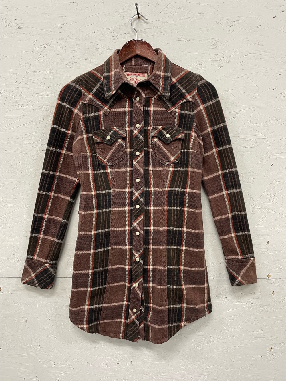 True Religion "Rocky Dress" Plaid Flannel Western Shirt Dress, Size XS